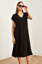 Women's Black V-Neck Woven Viscose Loose Dress Elb- 19002245 - 4