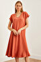 Women's Tile V Neck Woven Viscose Loose Dress Elb- 19002245