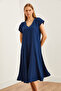 Women's Navy Blue V Neck Woven Viscose Loose Dress Elb- 19002245 - 4