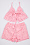 Pembe Çiçekli Astarlı Kendinden Desenli Şortlu Dokuma Pijama Takımı THMSS24PT00075 - 5