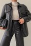 Black Double Pocket Snap Fastener Faux Leather Jacket - 2