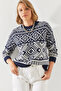 Women's Navy Blue Ecru Jacquard Sweater 20246194 - 3