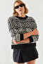 Women's Black Ecru Jacquard Sweater 20246194 - 5