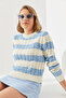 Women's Ecru Baby Blue Striped Crew Neck Sweater 20247503 - 4