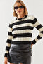Women's Black Ecru Striped Crew Neck Sweater 20247503 - 2