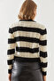 Women's Black Ecru Striped Crew Neck Sweater 20247503 - 4