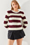 Women's Ecru Burgundy Striped Crew Neck Sweater 20247503 - 3