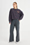 Relaxed Fit Wide Cut Crew Neck 100% Cotton Black Sweatshirt - 4