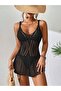 Women's V-Neck Sleeveless Strap Openwork Back Low-Cut Cross Rope Strap Black Mesh Mini Beach Dress - 3