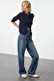 Lacivert Yüksek Bel Wide Leg Geniş Paça %100 Pamuk Non-Stretch Jeans TWOSS22JE0242 - 6