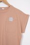 Crew Neck Short Sleeve Pocket Detailed Silvery Cat Printed Beige Color Girls' T-Shirt - 2
