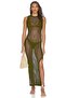 Women's Crew Neck Rope Strap Sleeveless Slit Mesh Back Low-cut Long Khaki Beach Dress