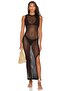 Women's Crew Neck Rope Strap Sleeveless Slit Mesh Back Low-cut Long Black Beach Dress