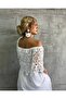 Women's White Imported Fabric Polka Dot Pattern Tulle and Guipure Detail Lined Designer Dress - 2