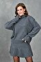 Gray Knitwear Fabric Turtleneck Oversize Sweater and Pleated Mini Skirt Two-Piece Set 9903 - 6