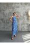 Blue Patterned Long Women's Dress - Halter Neck and Elastic Waist - 5