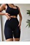 Women's Ribbed Above Knee High Waist Black Leggings - 4