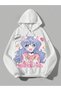 Women's White Anime Girl Printed 3 Yarn Hooded Hoodie Sweatshirt