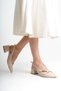 Bej Patent Leather Pointed Toe Buckle 4 cm Thick Heeled Women's Shoes