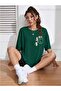 Women's Green Cat Printed Plus Size Oversize Cotton Crew Neck T-Shirt - 3