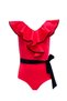 Red 50Uv Girl's Swimsuit with V-Neck Flounce Belt and Bow Detail by Nessi Byrd