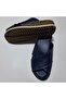 100% Genuine Leather Comfortable and Wide-Fit Navy Blue Color, Stitched Cross Wide Band Slippers - 6