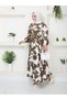 Hijab Long Dress - Brown, White, Leaf Pattern and Belt Detail - 6