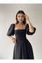- Black Square Collar Pleated Midi Dress - 3