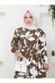 Hijab Long Dress - Brown, White, Leaf Pattern and Belt Detail - 5