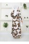 Hijab Long Dress - Brown, White, Leaf Pattern and Belt Detail - 4
