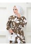 Hijab Long Dress - Brown, White, Leaf Pattern and Belt Detail - 7