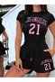 Women's Black Los Angeles 21 Printed Oversize Shorts Baby Tea Crop Top-Short Set - 4