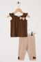 Square Collar Ruffle Sleeve Polka Dot Brown Beige Color Girl's Tights Set