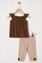 Square Collar Ruffle Sleeve Polka Dot Brown Beige Color Girl's Tights Set - 3