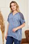 Plus Size Indigo Blouse with Tie Skirt and Shoulder Detail - 3