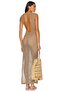 Women's Crew Neck Rope Strap Sleeveless Slit Mesh Back Low-cut Long Camel Beach Dress - 2