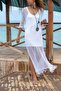 Women's Front Back V-Neck Lace Knitted White Double Breasted Dress