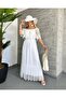 Women's White Imported Fabric Polka Dot Pattern Tulle and Guipure Detail Lined Designer Dress