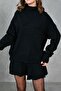 Black Knitwear Fabric Turtleneck Oversize Sweater and Pleated Mini Skirt Two-Piece Set 9903 - 2