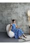 Blue Patterned Long Women's Dress - Halter Neck and Elastic Waist - 2