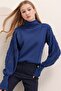 Women's Cobalt Blue Half Turtle Sleeve Lace Detailed Sweater - 2