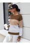Crew Neck Color Blocked Long Sleeve Women's Knitwear Sweater Camel/Red/White - 5
