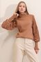 Women's Camel Half Turtleneck Sweater with Lace Detail - 4