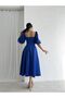 - Cobalt Blue Square Collar Pleated Midi Dress - 5