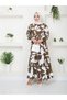 Hijab Long Dress - Brown, White, Leaf Pattern and Belt Detail - 3