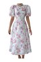 Pink floral detail modern patterned balloon sleeve crew neck women's dress - 4