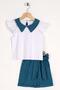 Baby Collar Ruffle Sleeve Checkered Waist Belted Sleeve Frilly Saxe Color Girl's Sorted Set - 2