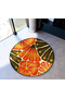Mira Round Orange Green Flower and Leaf Detailed Woven Base Modern Decorative Carpet 5691