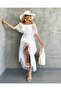 Women's White Imported Fabric Polka Dot Pattern Tulle and Guipure Detail Lined Designer Dress - 3