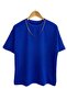 Cobalt Blue Basic Oversize Crew Neck Oversize T-Shirt -Sax Blue Women's Short Sleeve Summer T-Shirt - 3